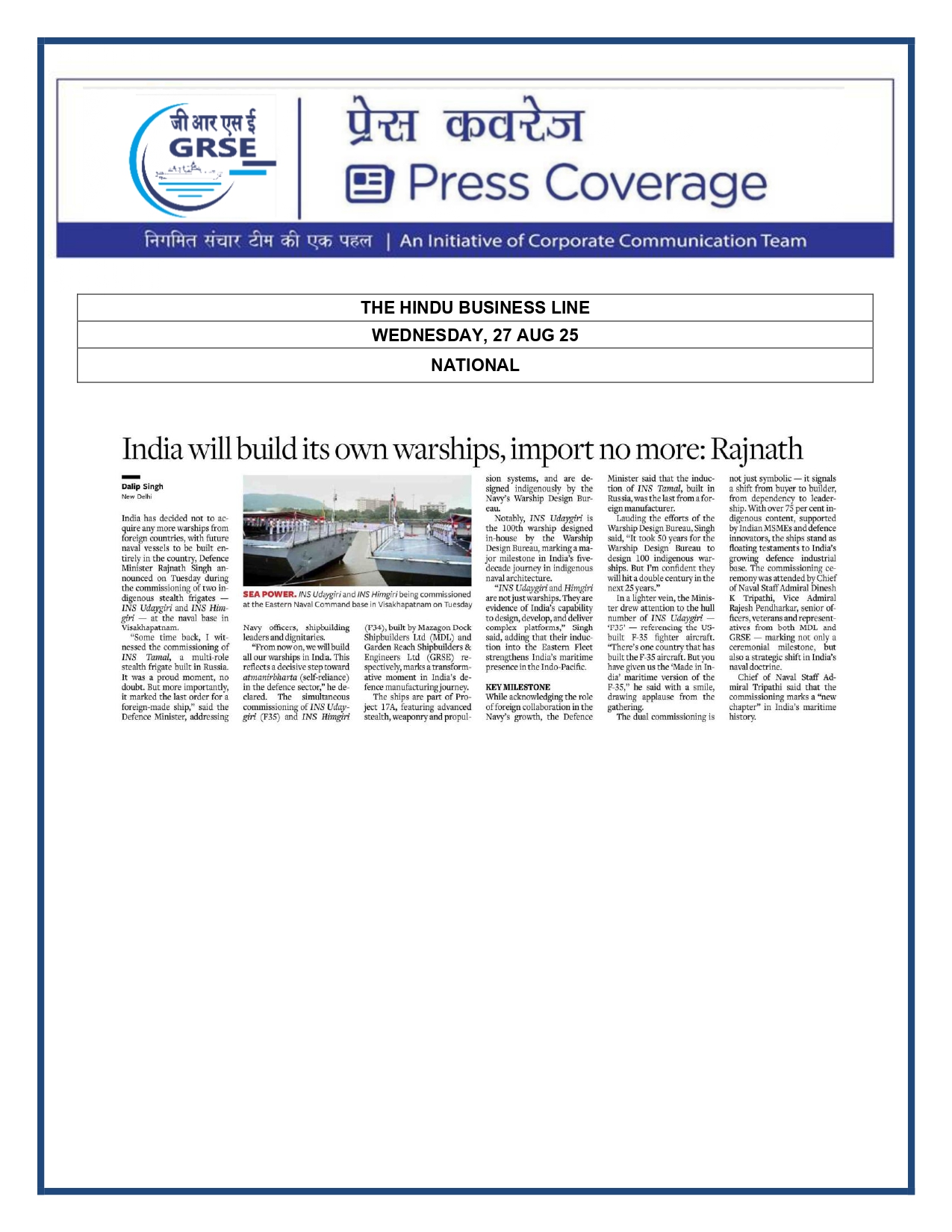Press Coverage : 27 Aug 25:India will build its own warships,import no more:Rajnathi